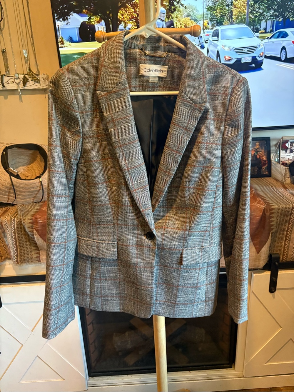 Calvin Klein Gray Plaid Blazer with Rust Windowpane